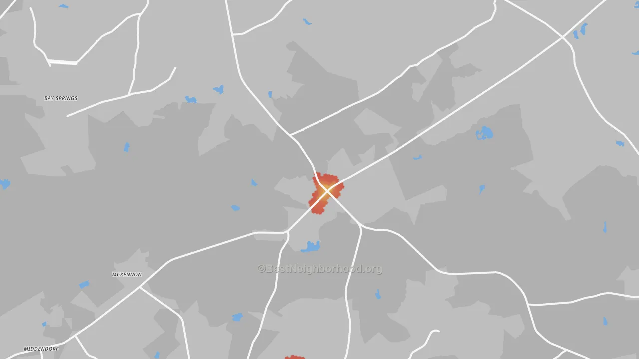 Walk Grade map of 29584, SC, walkable areas in green and car-dependent areas in red