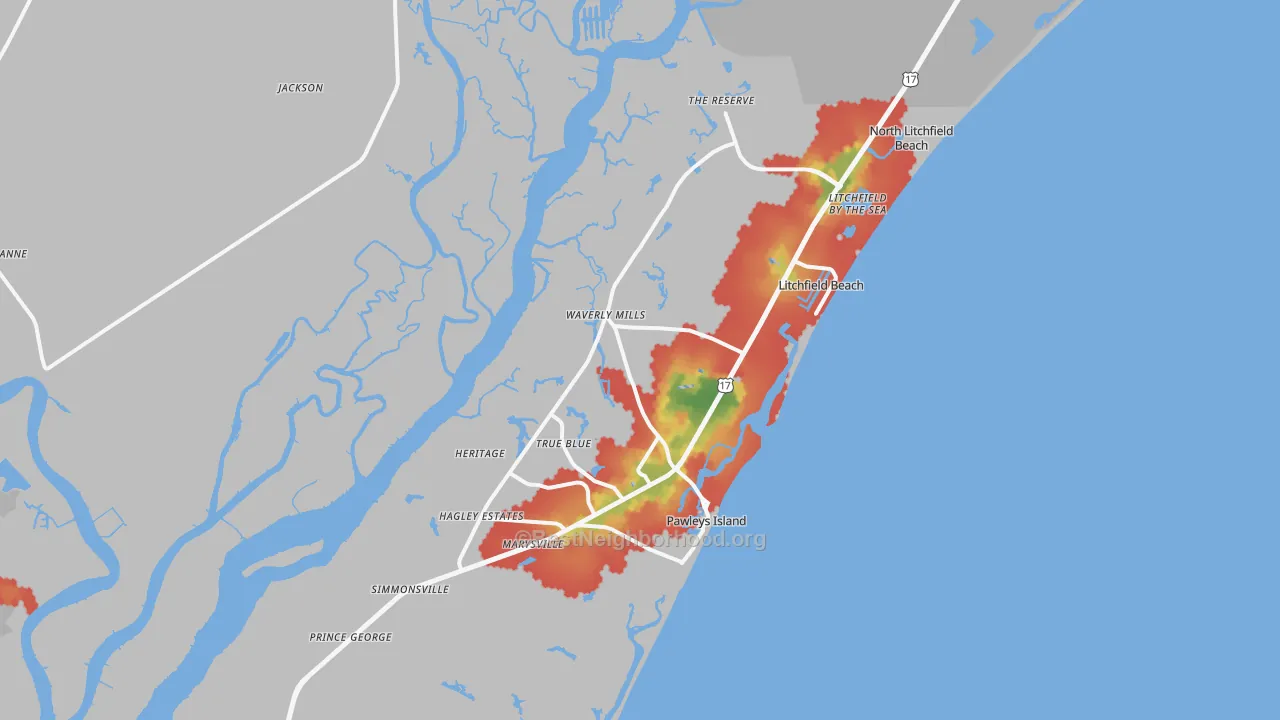 Walk Grade map of 29585, SC, walkable areas in green and car-dependent areas in red
