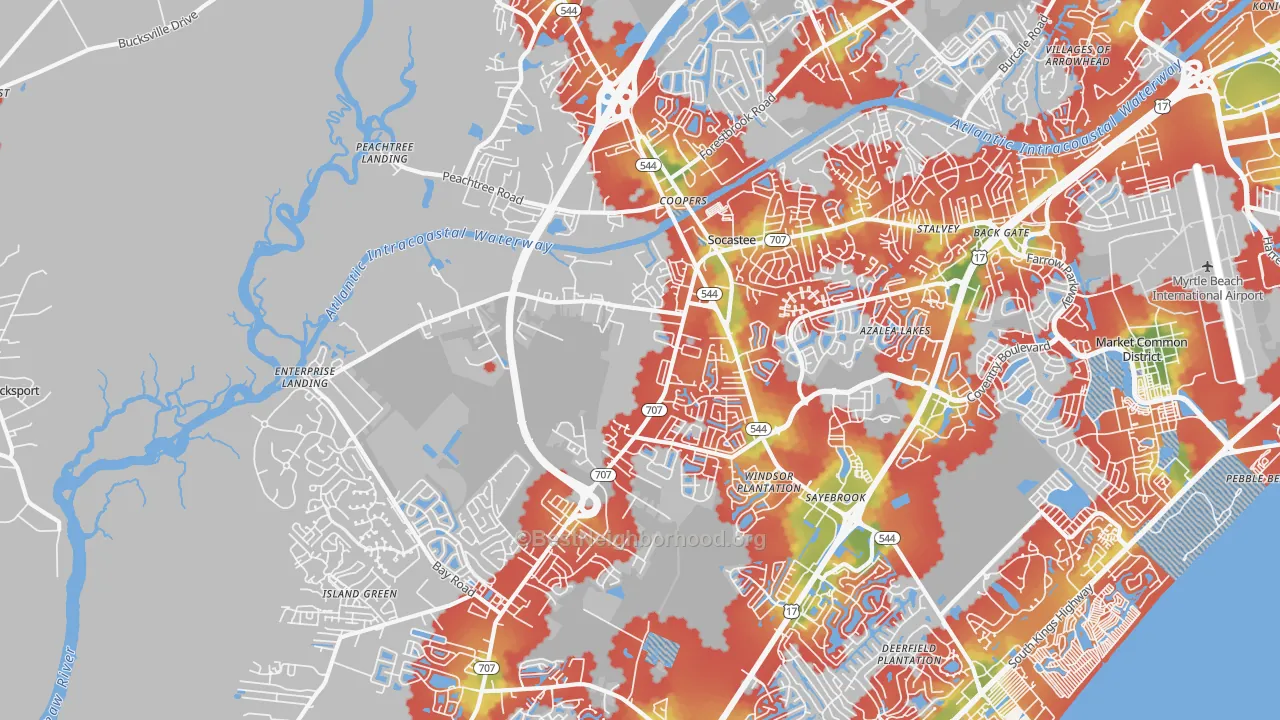 Walk Grade map of 29588, SC, walkable areas in green and car-dependent areas in red