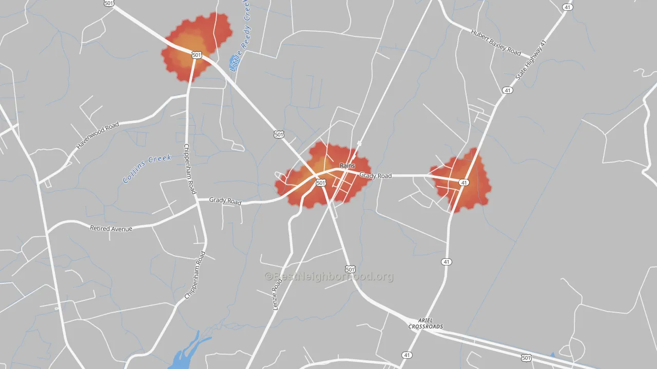 Walk Grade map of 29589, SC, walkable areas in green and car-dependent areas in red