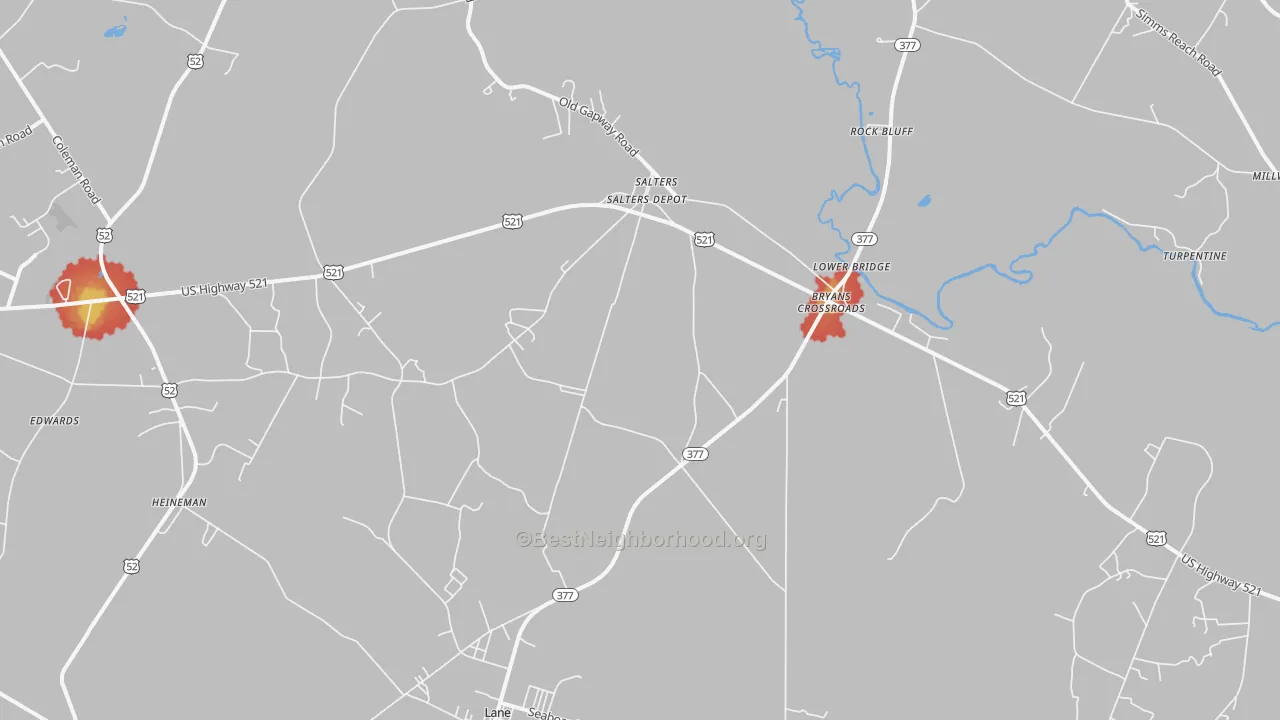 Walk Grade map of 29590, SC, walkable areas in green and car-dependent areas in red