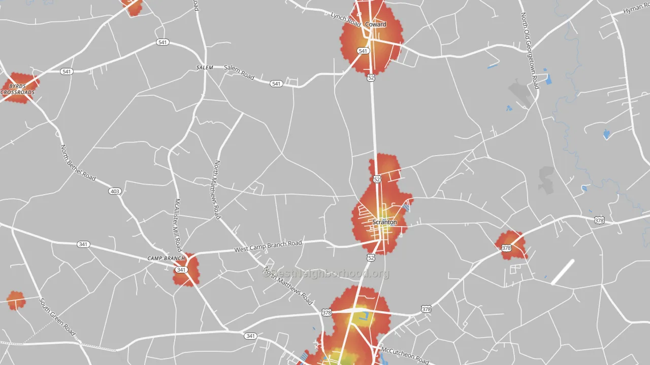 Walk Grade map of 29591, SC, walkable areas in green and car-dependent areas in red