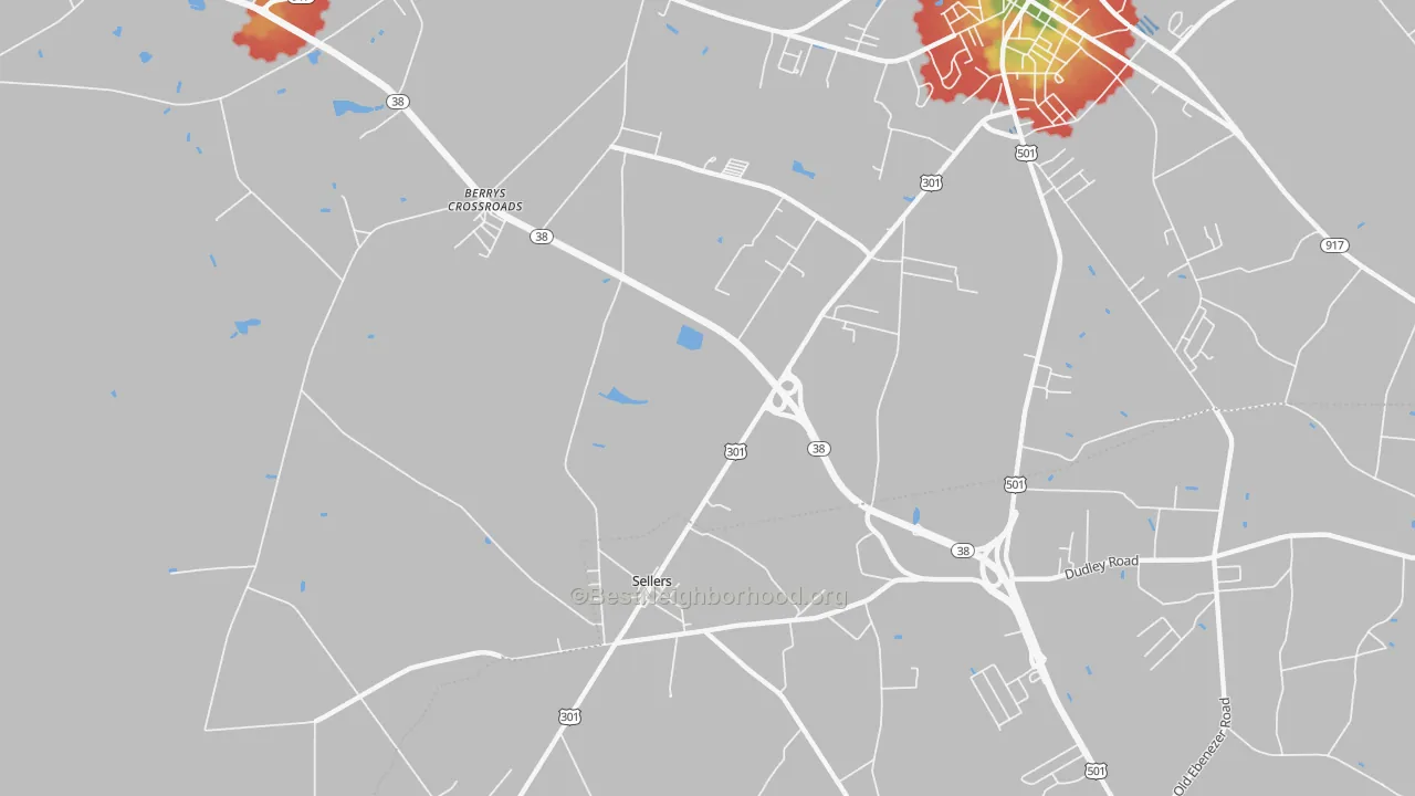 Walk Grade map of 29592, SC, walkable areas in green and car-dependent areas in red