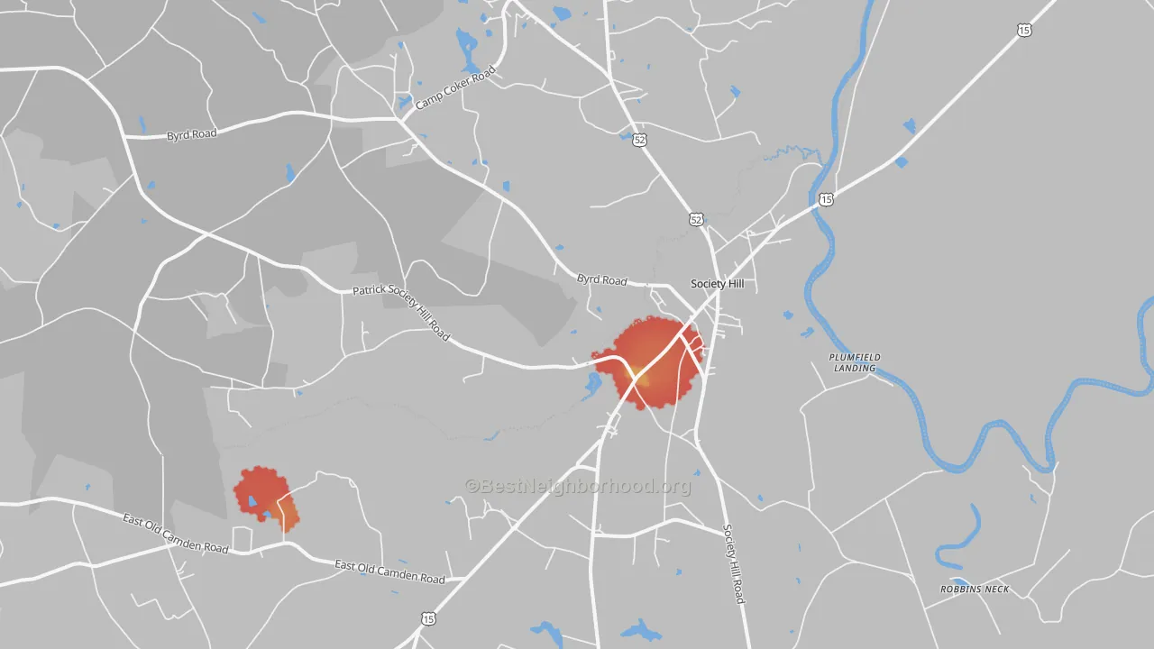 Walk Grade map of 29593, SC, walkable areas in green and car-dependent areas in red