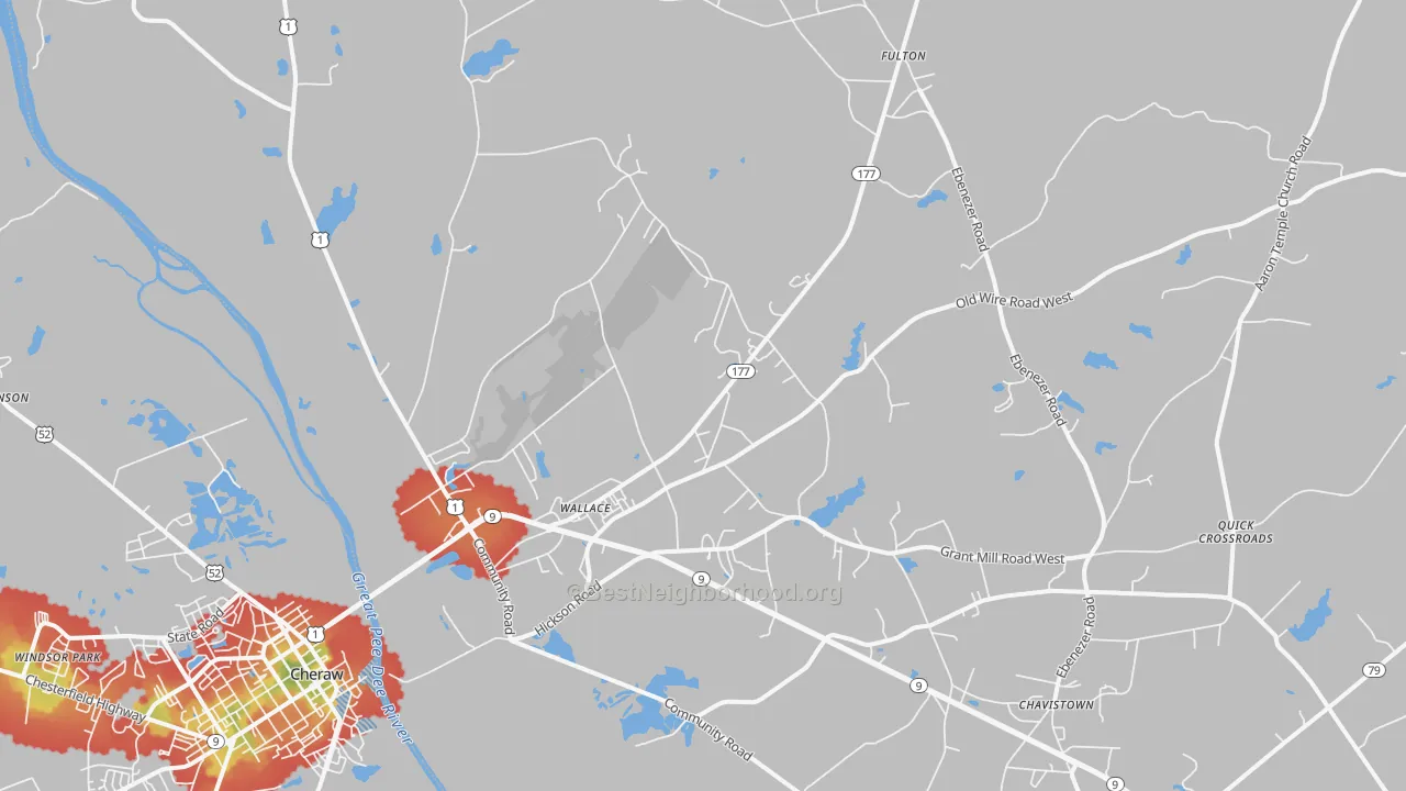 Walk Grade map of 29596, SC, walkable areas in green and car-dependent areas in red