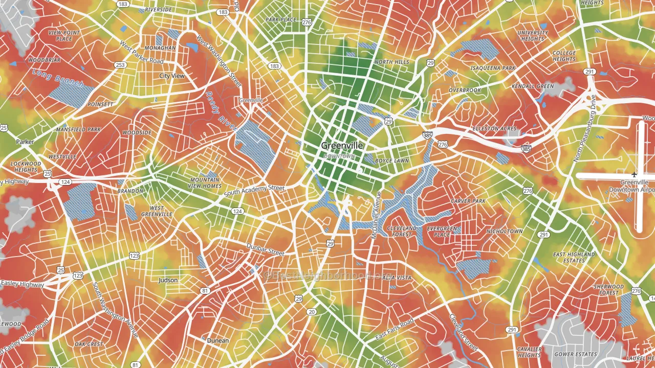 Walk Grade map of 29601, SC, walkable areas in green and car-dependent areas in red