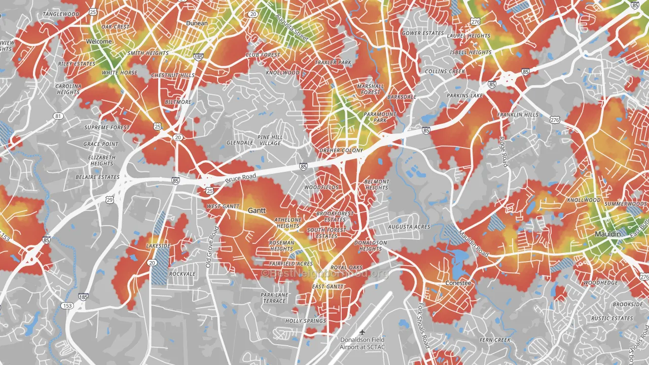 Walk Grade map of 29605, SC, walkable areas in green and car-dependent areas in red