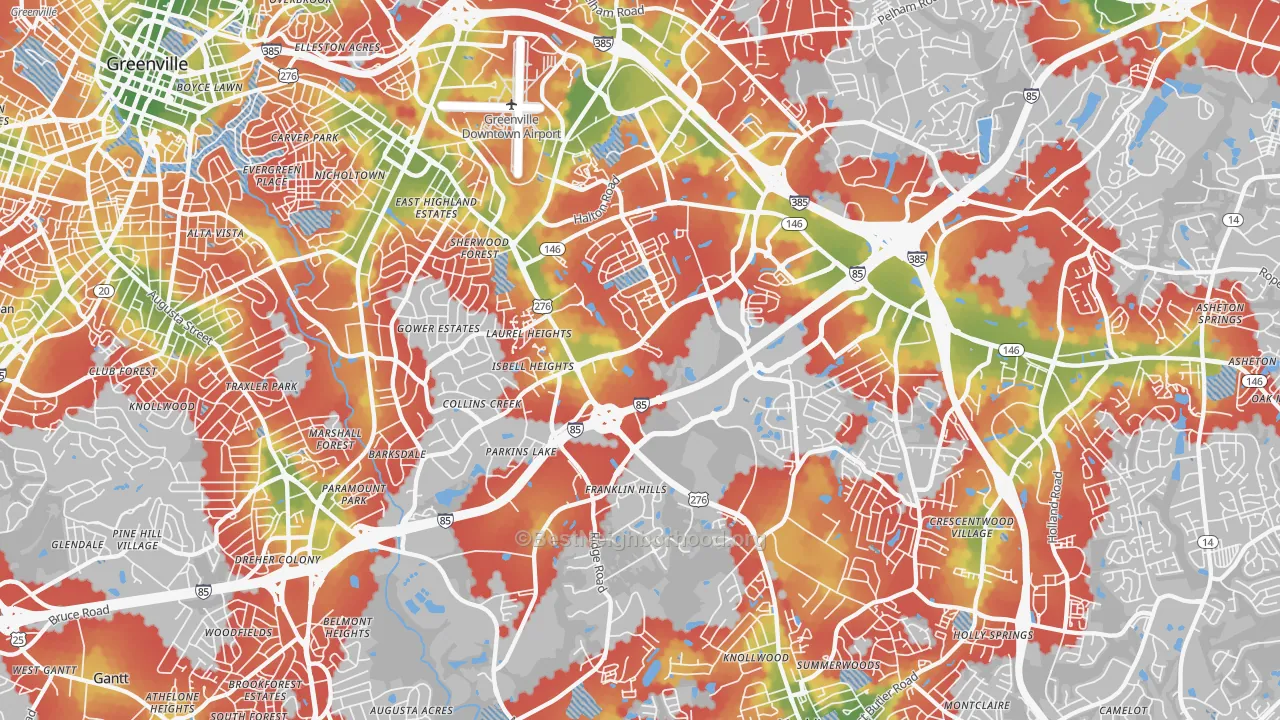 Walk Grade map of 29607, SC, walkable areas in green and car-dependent areas in red