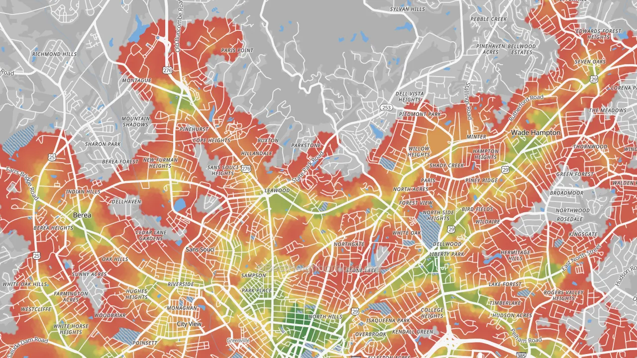 Walk Grade map of 29609, SC, walkable areas in green and car-dependent areas in red