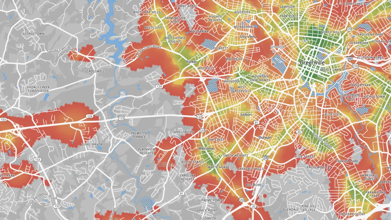 Walk Grade map of 29611, SC, walkable areas in green and car-dependent areas in red