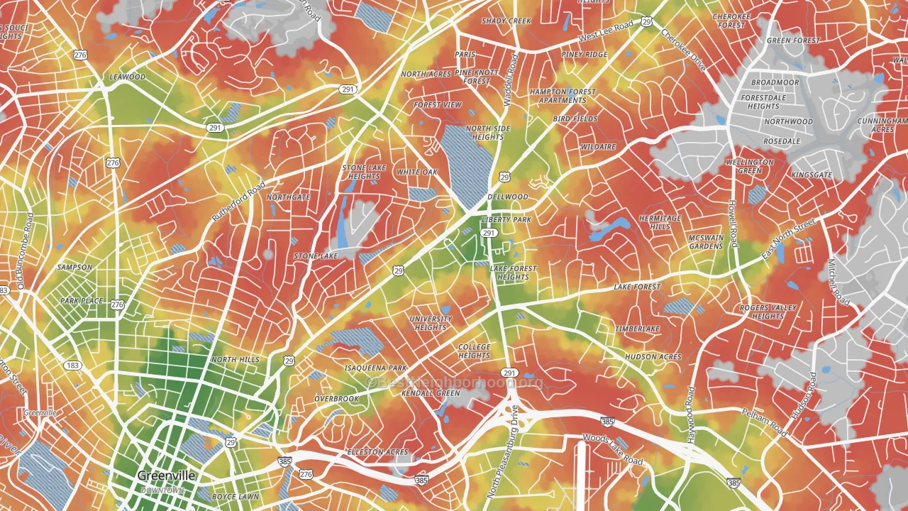 Walk Grade map of 29614, SC, walkable areas in green and car-dependent areas in red