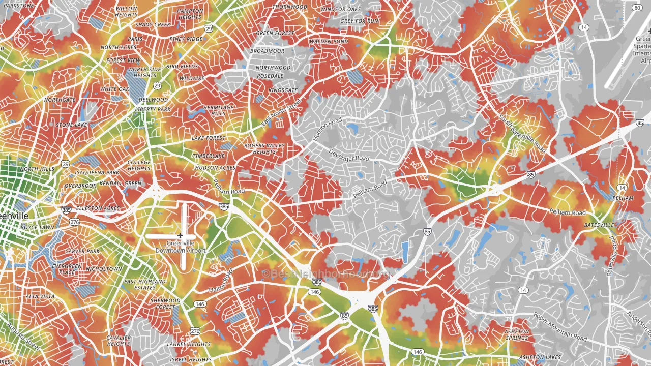 Walk Grade map of 29615, SC, walkable areas in green and car-dependent areas in red