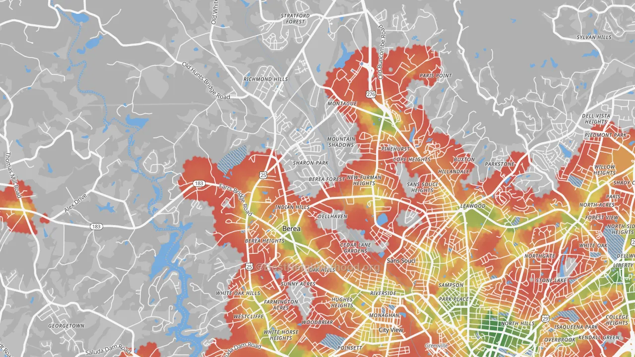 Walk Grade map of 29617, SC, walkable areas in green and car-dependent areas in red