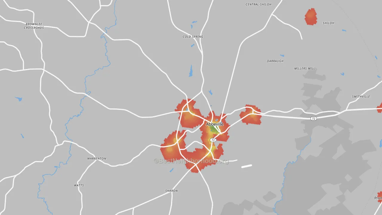 Walk Grade map of 29620, SC, walkable areas in green and car-dependent areas in red