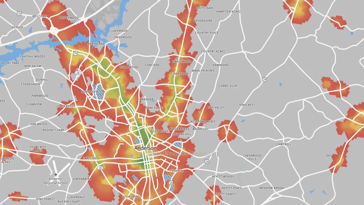Walk Grade map of 29621, SC, walkable areas in green and car-dependent areas in red