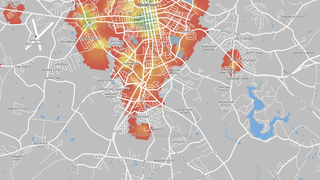 Walk Grade map of 29624, SC, walkable areas in green and car-dependent areas in red