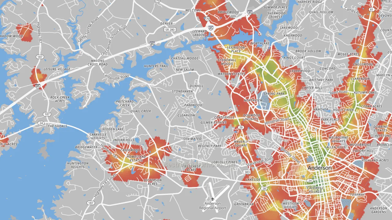 Walk Grade map of 29625, SC, walkable areas in green and car-dependent areas in red