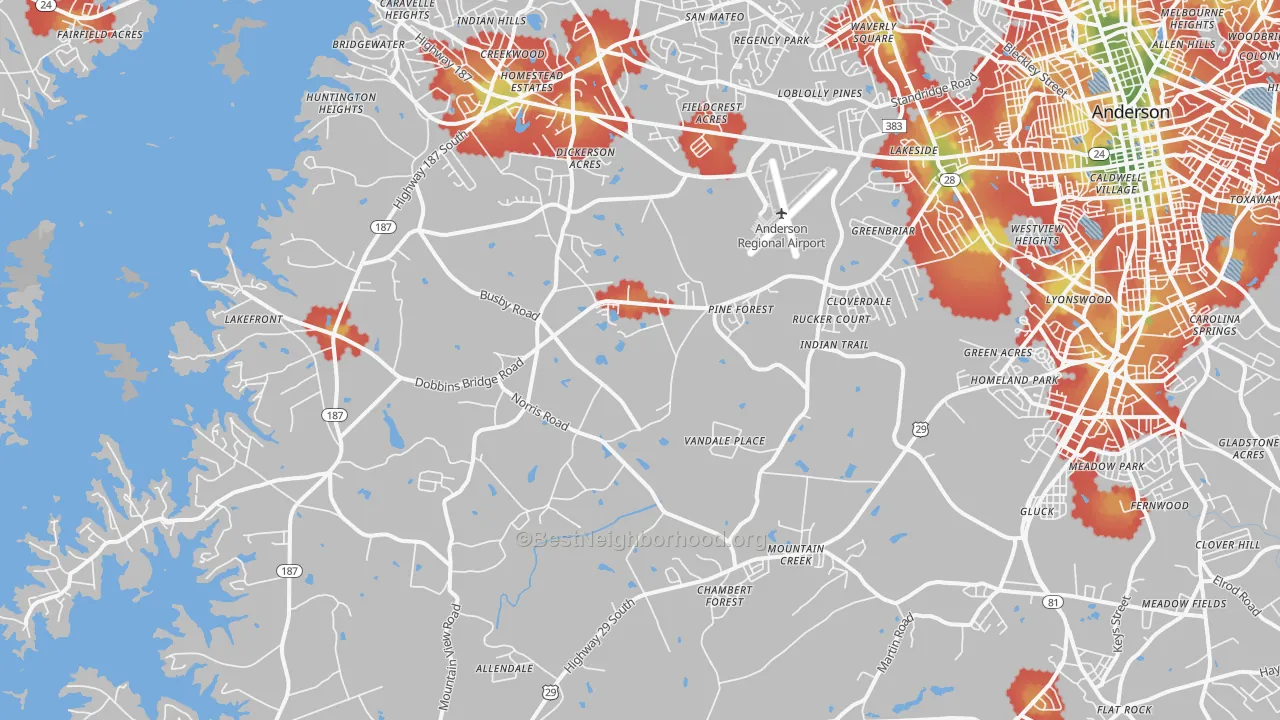 Walk Grade map of 29626, SC, walkable areas in green and car-dependent areas in red