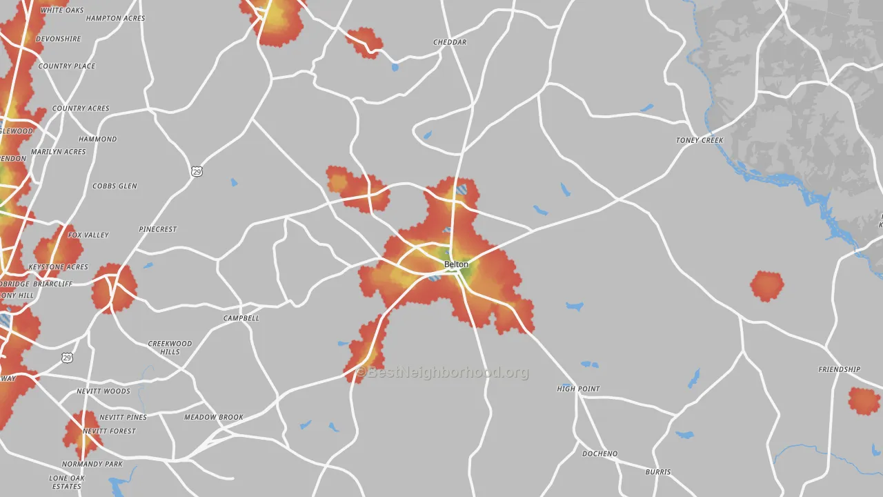 Walk Grade map of 29627, SC, walkable areas in green and car-dependent areas in red