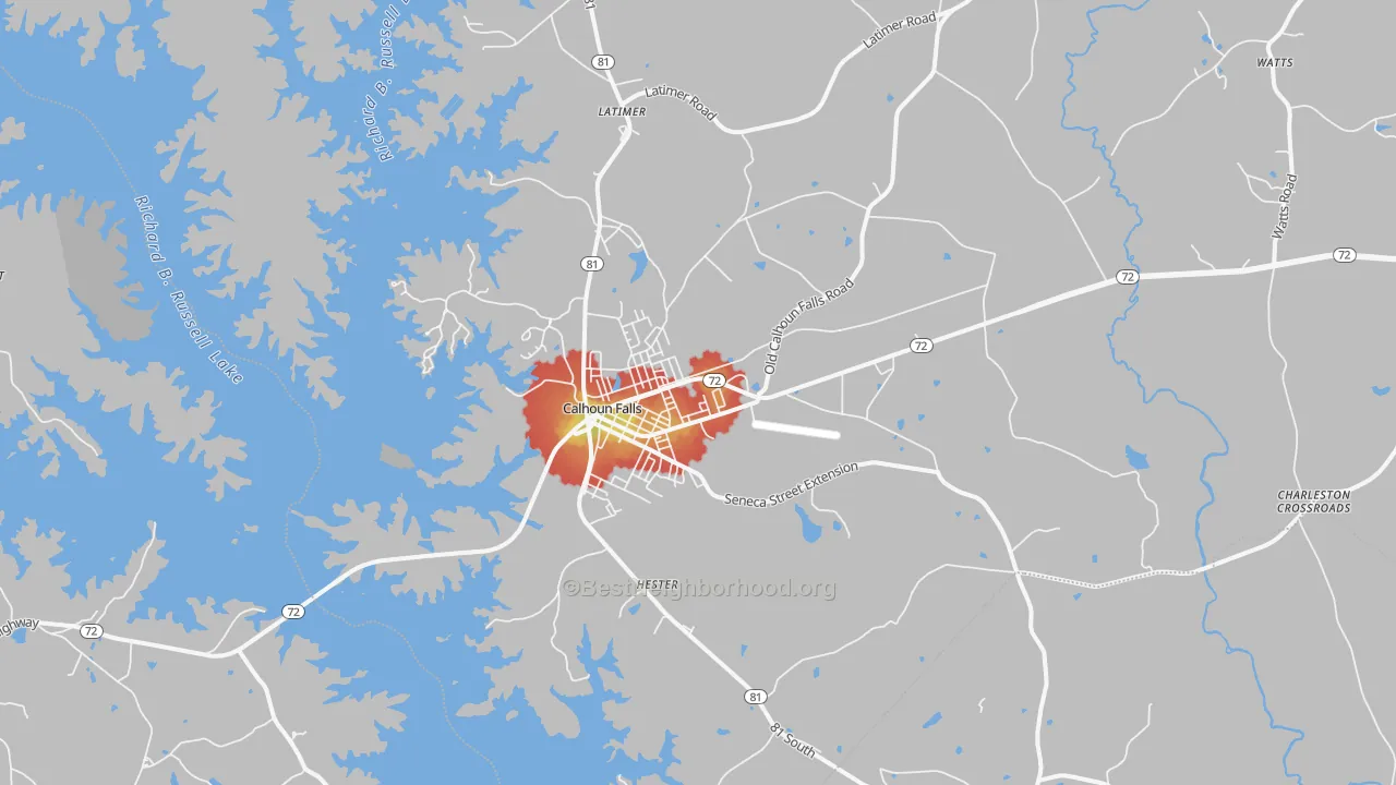 Walk Grade map of 29628, SC, walkable areas in green and car-dependent areas in red