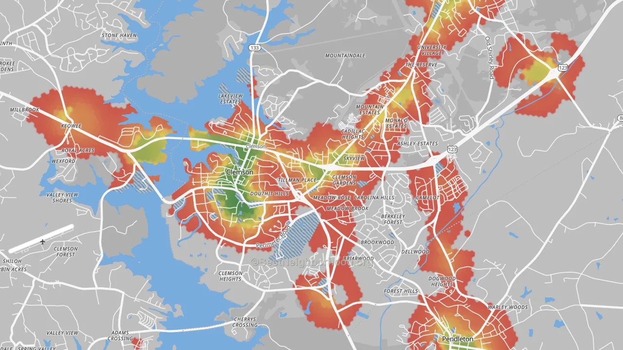 Walk Grade map of 29631, SC, walkable areas in green and car-dependent areas in red