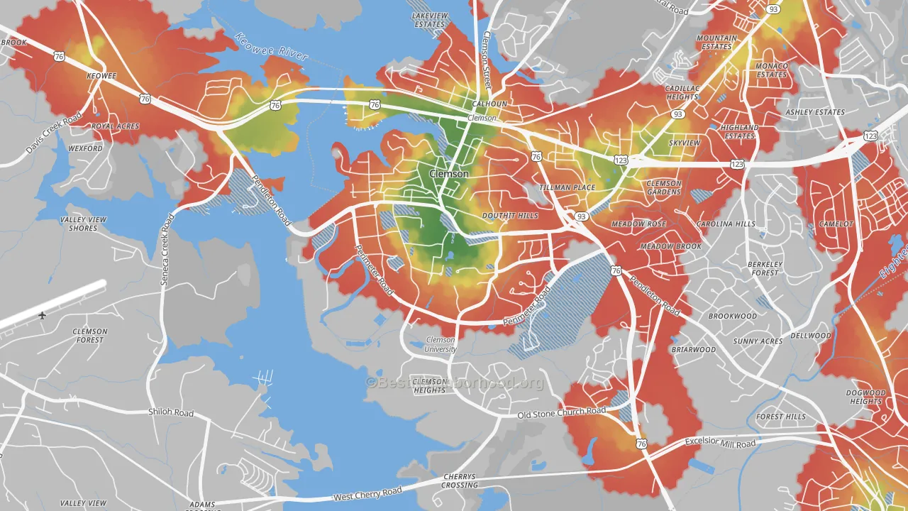 Walk Grade map of 29634, SC, walkable areas in green and car-dependent areas in red