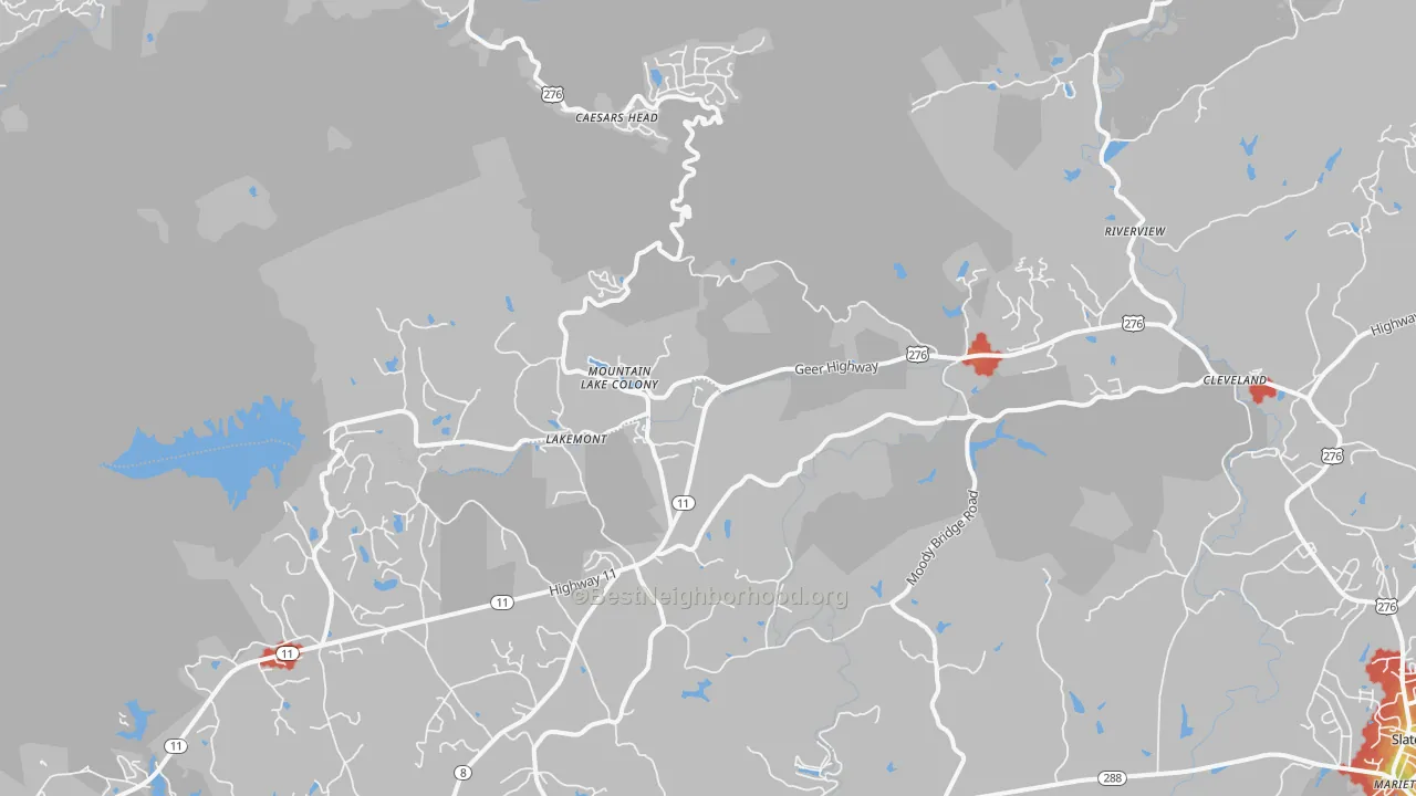 Walk Grade map of 29635, SC, walkable areas in green and car-dependent areas in red