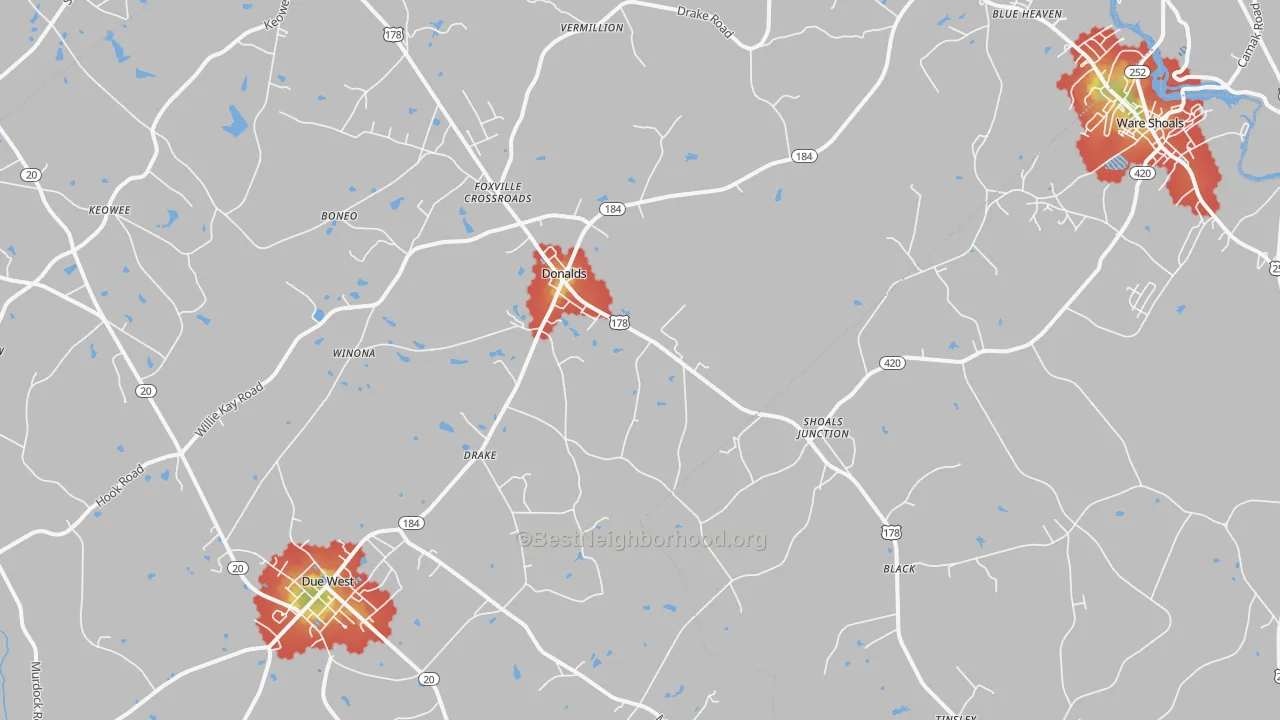 Walk Grade map of 29638, SC, walkable areas in green and car-dependent areas in red