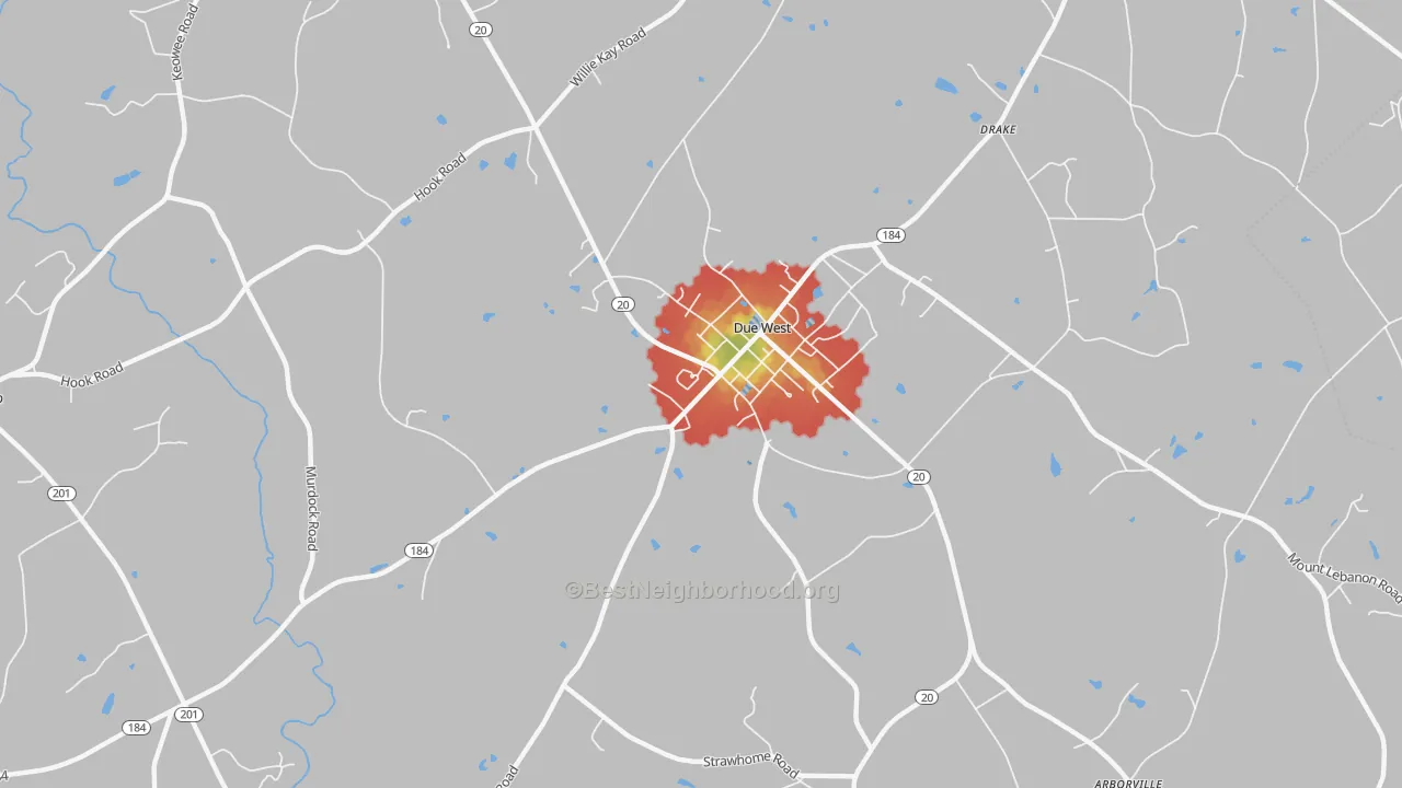 Walk Grade map of 29639, SC, walkable areas in green and car-dependent areas in red