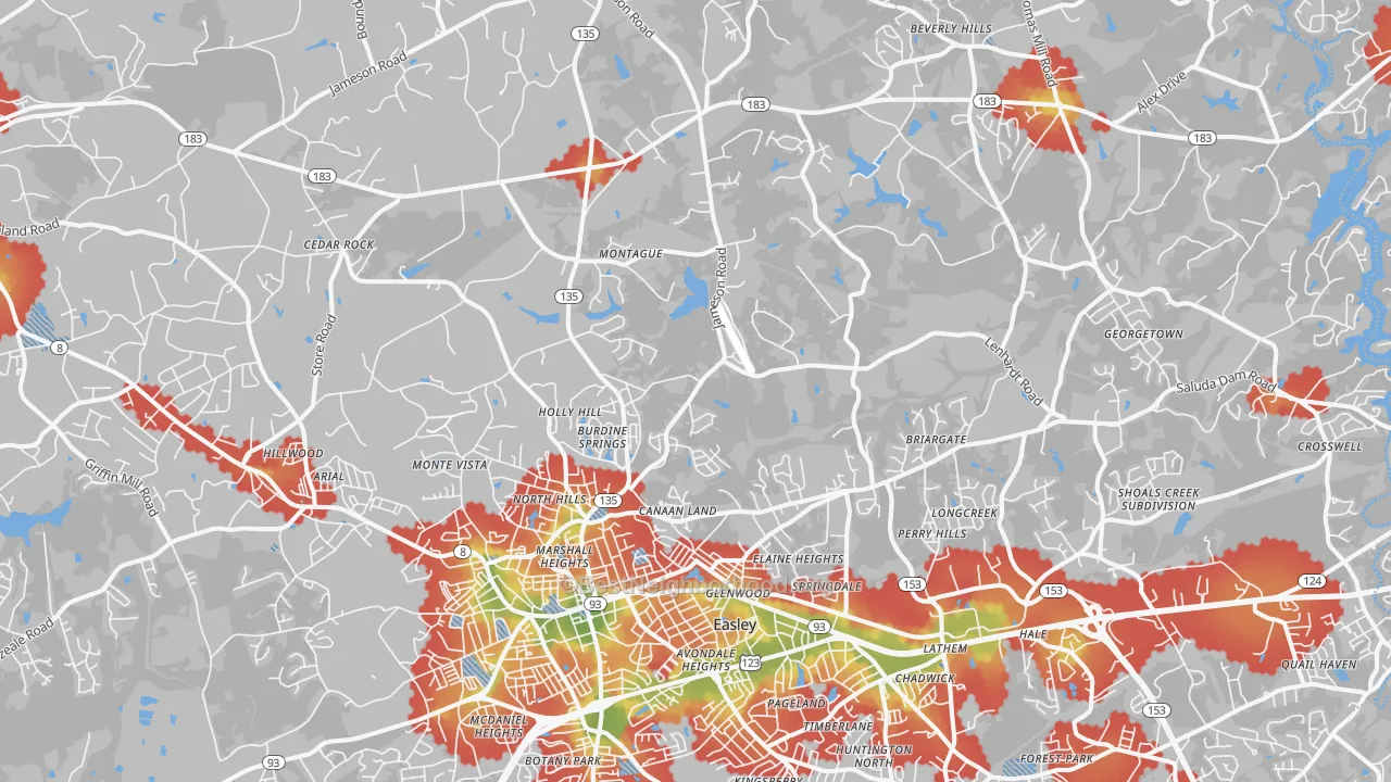 Walk Grade map of 29640, SC, walkable areas in green and car-dependent areas in red