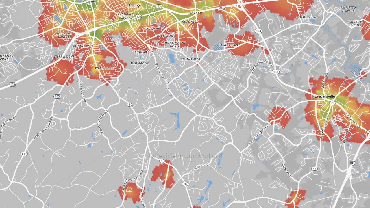 Walk Grade map of 29642, SC, walkable areas in green and car-dependent areas in red