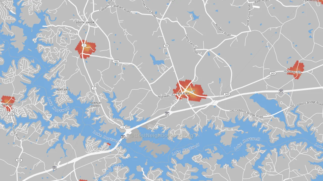 Walk Grade map of 29643, SC, walkable areas in green and car-dependent areas in red