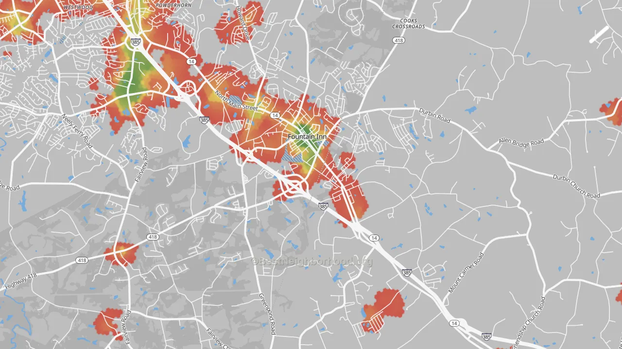 Walk Grade map of 29644, SC, walkable areas in green and car-dependent areas in red