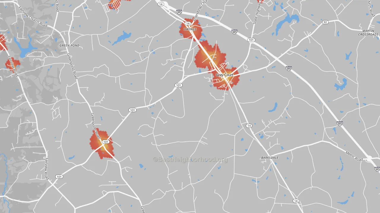 Walk Grade map of 29645, SC, walkable areas in green and car-dependent areas in red