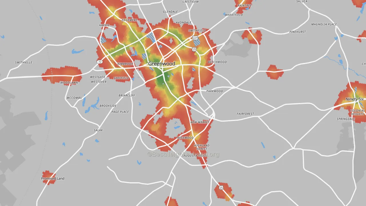 Walk Grade map of 29646, SC, walkable areas in green and car-dependent areas in red