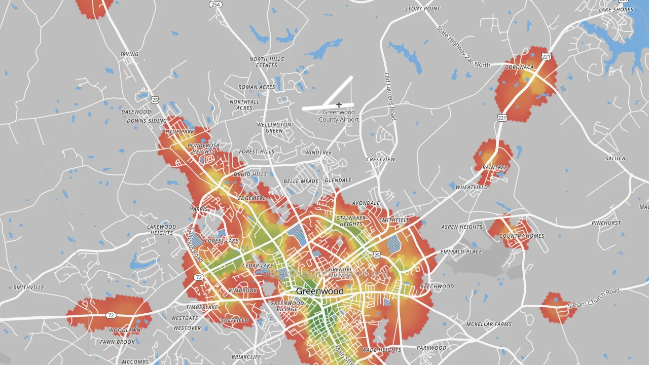 Walk Grade map of 29649, SC, walkable areas in green and car-dependent areas in red