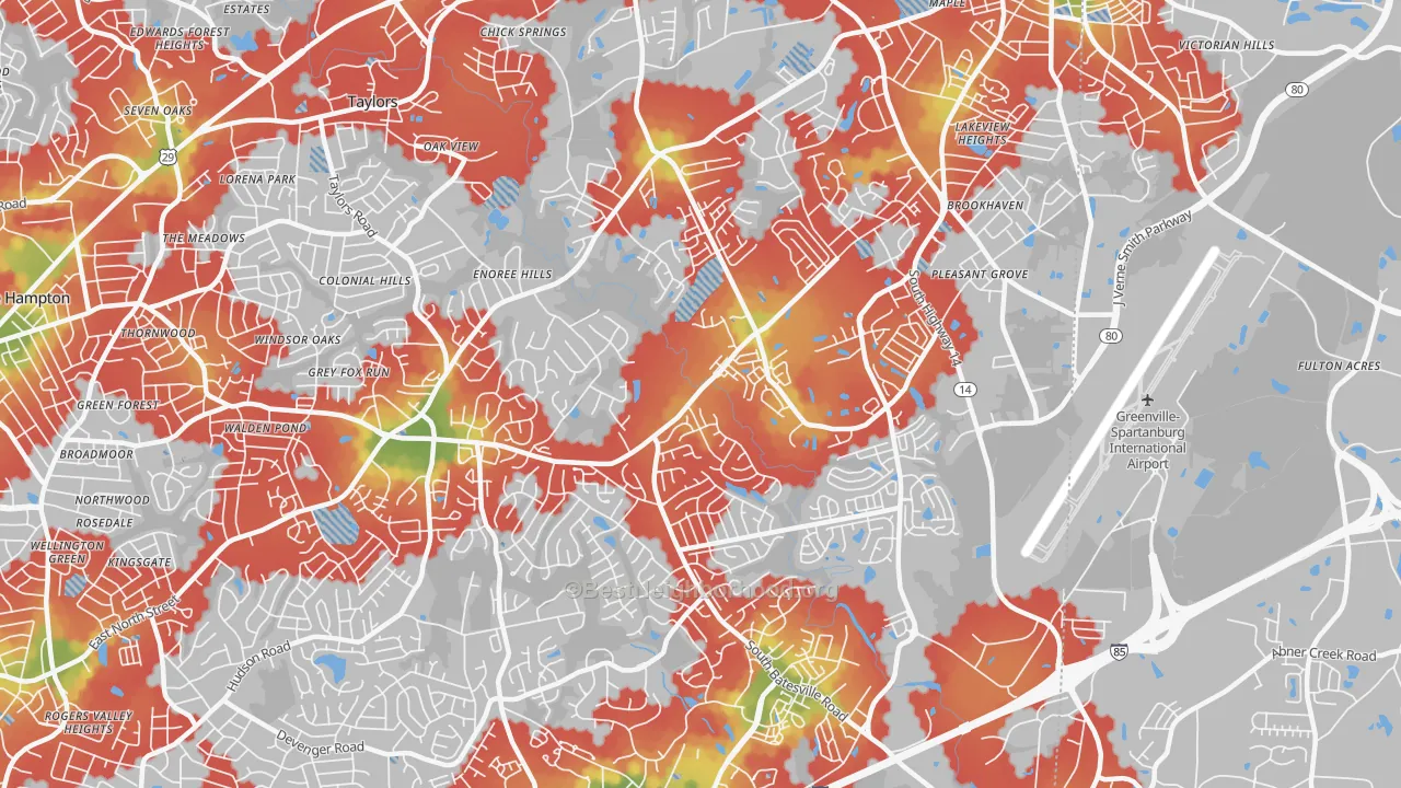 Walk Grade map of 29650, SC, walkable areas in green and car-dependent areas in red