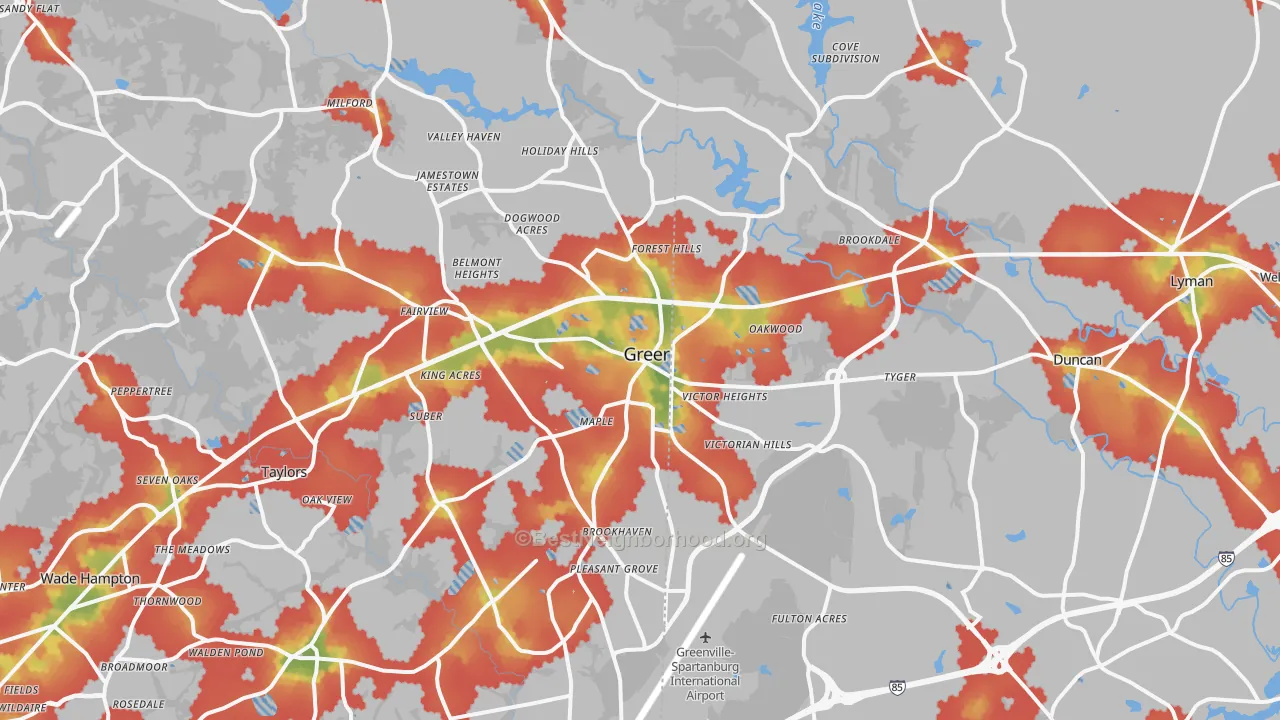 Walk Grade map of 29651, SC, walkable areas in green and car-dependent areas in red
