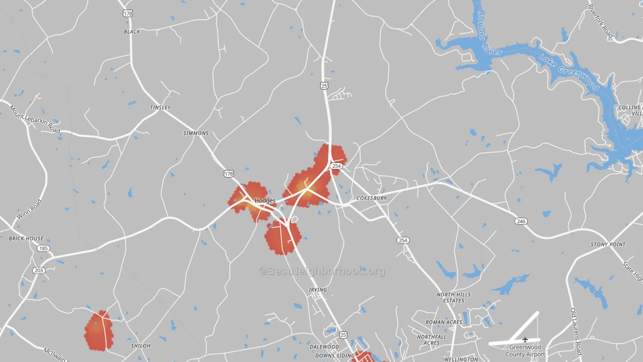 Walk Grade map of 29653, SC, walkable areas in green and car-dependent areas in red