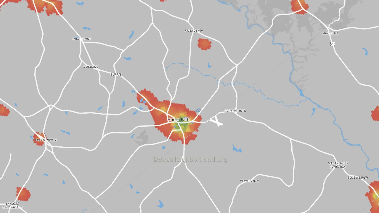 Walk Grade map of 29654, SC, walkable areas in green and car-dependent areas in red