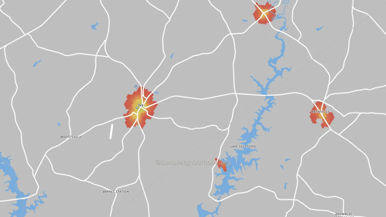Walk Grade map of 29655, SC, walkable areas in green and car-dependent areas in red