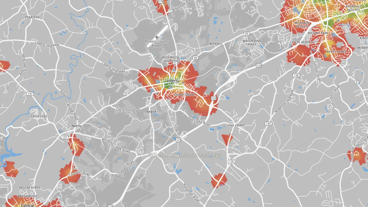 Walk Grade map of 29657, SC, walkable areas in green and car-dependent areas in red