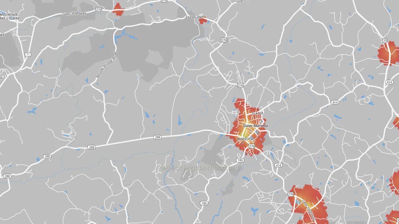 Walk Grade map of 29661, SC, walkable areas in green and car-dependent areas in red