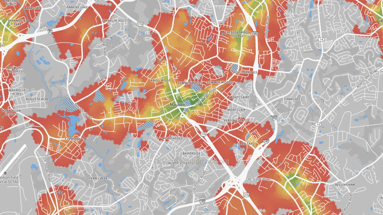 Walk Grade map of 29662, SC, walkable areas in green and car-dependent areas in red