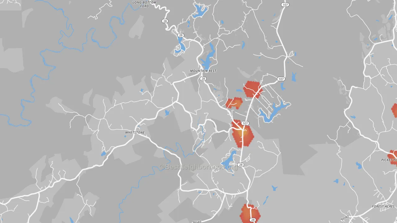 Walk Grade map of 29664, SC, walkable areas in green and car-dependent areas in red