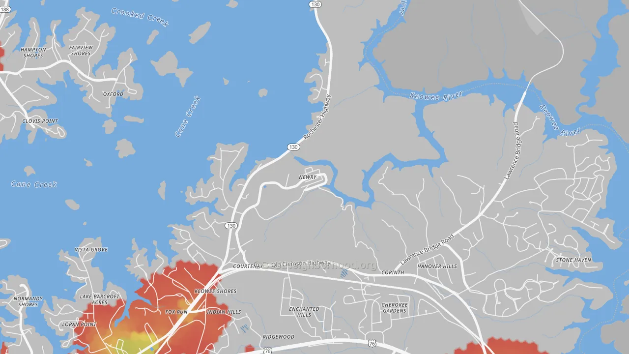 Walk Grade map of 29665, SC, walkable areas in green and car-dependent areas in red