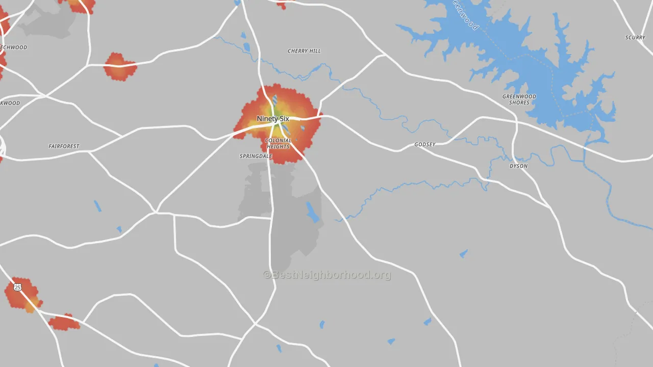 Walk Grade map of 29666, SC, walkable areas in green and car-dependent areas in red
