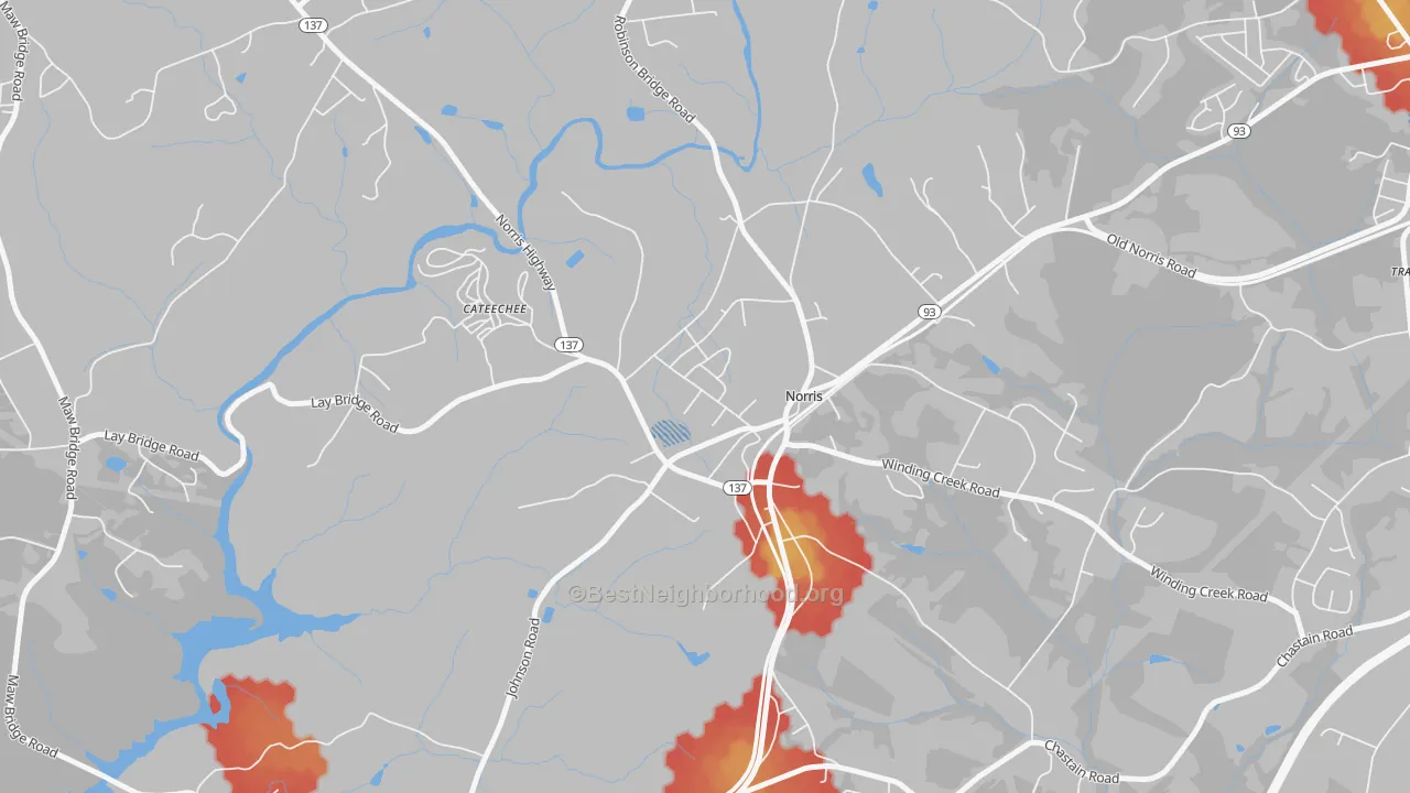 Walk Grade map of 29667, SC, walkable areas in green and car-dependent areas in red