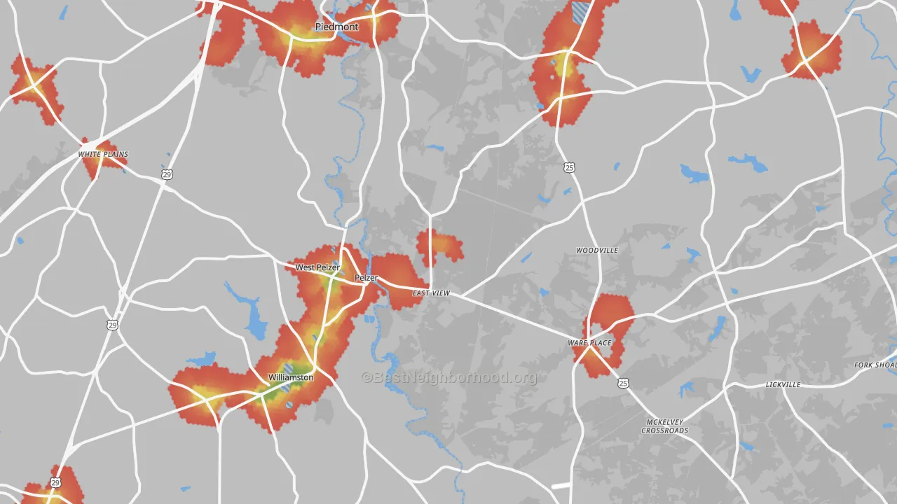 Walk Grade map of 29669, SC, walkable areas in green and car-dependent areas in red