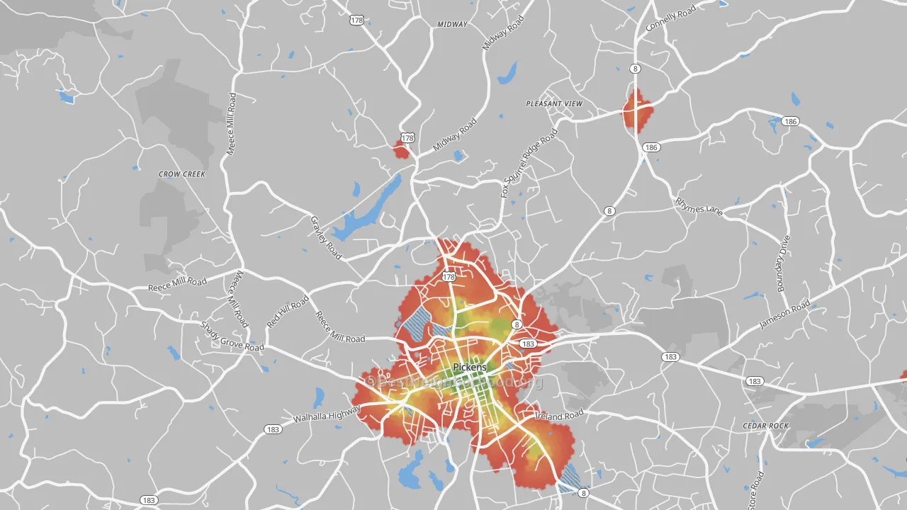 Walk Grade map of 29671, SC, walkable areas in green and car-dependent areas in red